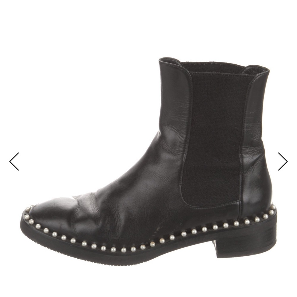 Stuart Weitzman Black Leather Chelsea Boots with Pearl Detailing